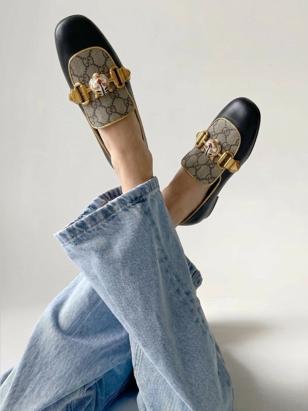 Gucci Black Leather & GG Supreme Canvas Loafers with Gold Horsebit